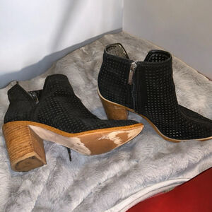 1. STATE Larocka Black Suede Stacked Block Heeled Perforated Ankle Boots
